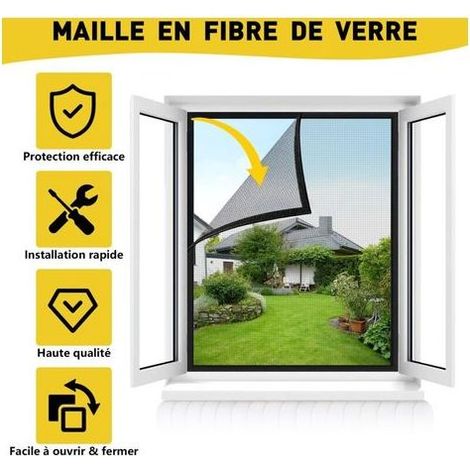 Moustiquaire Fenetre avec Crochet et Boucle,130x150cm Moustiquaire pour Fenêtre sans Perçage, Moustiquaire en Fibre de Verre (Noir) (1/4)