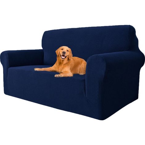 Housse de canapé extensible 2 places, anti-dérapante, protection meubles, bleu marine (1/5)