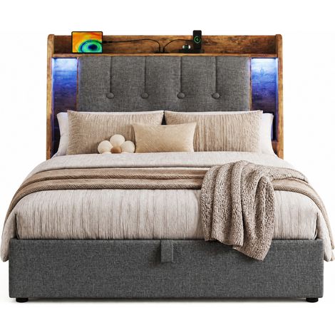 Letto contenitore 90x200 cm in lino grigio con USB Type-C, LED, vano, senza materasso - CHICFURN (1/5)