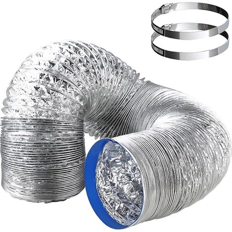 Tuyau d'Evacuation Flexible 100 mm x 2m Gaine Flexible Aluminium，Tuyau d'aération de d'evacuation d'air Résistant à la chaleur et imperméable avec 2 Colliers de 100mm Serrage en Acier