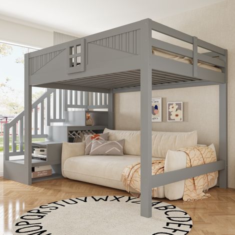 Cama alta 140x200 cm con barandilla con ventana, escalera reversible con almacenaje, madera gris (1/5)