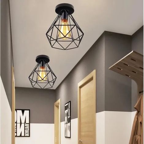Lot de 2 Plafonnier Industrielle Couloir Noir Lustre Plafonnier en Cage Vintage pour Salon Chambre (1/4)