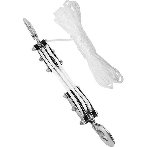 Système de poulies avec palan, poulie à roue en acier avec roulement pour camping, chasse, navigation de plaisance et levage, bricolage, 3 roues, 15 m, roue en acier, roulement, corde blanche, forme d (1/5)