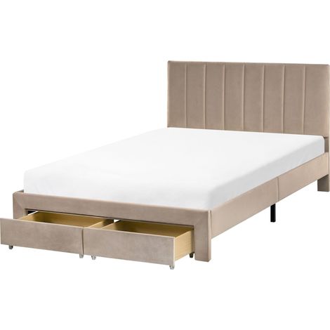 Letto matrimoniale moderno UE 120 x 200 cm con cassetti Testiera Velluto Rivestimento Base a doghe Tortora Lonzac