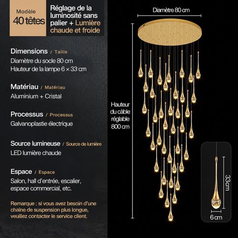 Lustre suspension cristal escalier design taille de guêpe 40 têtes, disposition décalée, gradation continue, réglable 180 cm, 1 kg – Livraison gratuite
