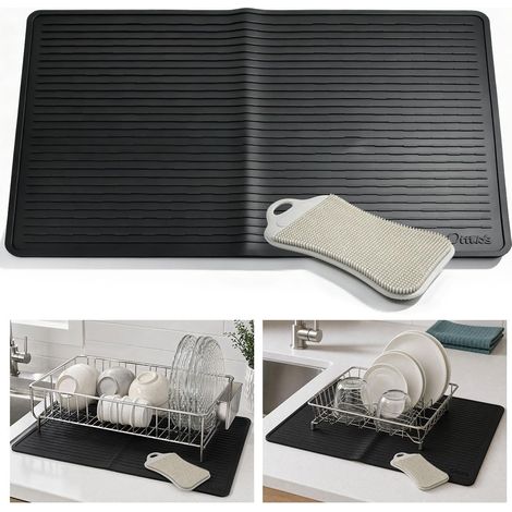 Black silicone drip mat, 72 x 52 cm, heat resistant up to 220°C, non-slip, dishwasher safe, with silicone brush, sink drip mat (1/5)