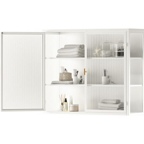 Armadio pensile 70x23x60 cm, due ante, tre ripiani removibili, metallo e vetro temperato bianco (1/5)