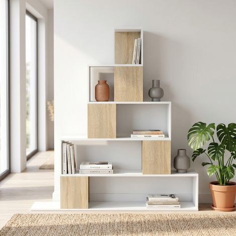 Bibliothèque à 5 étagères avec design en escalier, blanche et naturelle (1/5)