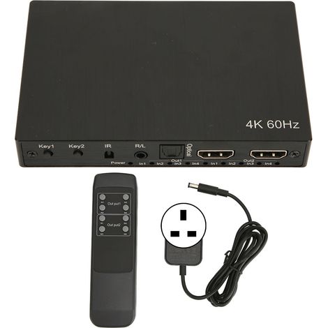 Sélecteur HDMI 4K 4 entrées 2 sorties avec sortie audio optique 3.5mm, répartiteur vidéo EDID, télécommande IR, prise UK 100-240V (1/5)