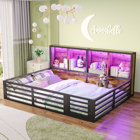 Kinderbett 140/200 cm schwarz aus Metall und MDF mit Stauraum und LED-Beleuchtung (1/5)