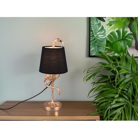 Retro Tischleuchte LOLA Flamingo Gold mit Stoffschirm in Schwarz, Höhe 42cm