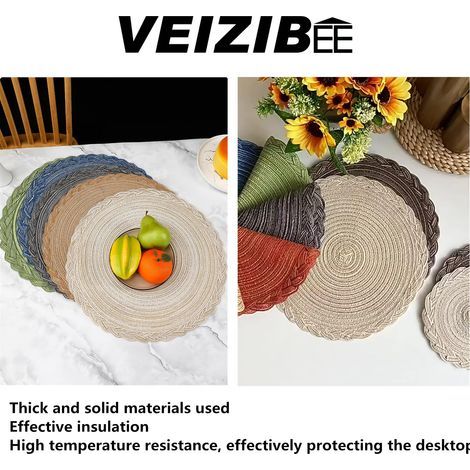 Set aus 6 Tischdecken, hitzebeständige Webtischdecke, rundes, rutschfestes, waschbares Platzset, handgewebt (grün, 38 cm) (1/5)