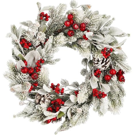 Couronne de Noël pour Porte et Mur en PE Branches de Pin Neige et Baies Vert Rouge Ø 40 cm - PANGIVO