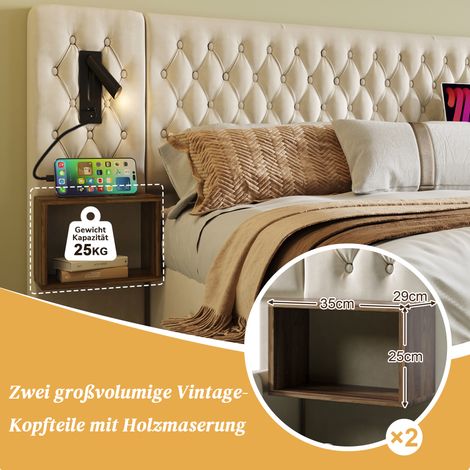 Ensemble chambre lit double 160×200cm velours beige,2 tables de chevet + 4 tiroirs,lampe lecture USB tête de lit,sans matelas