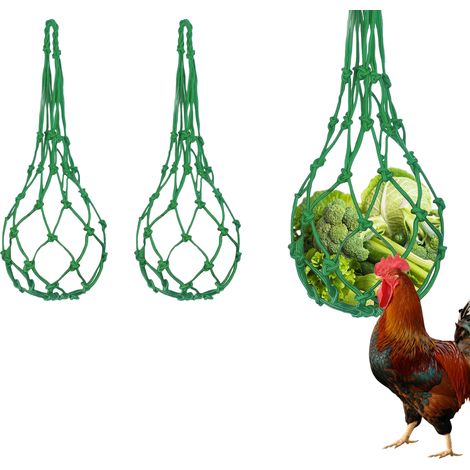Lot de 3 distributeurs suspendus pour fruits et légumes pour poules, sac filet de nourriture résistant en corde tricotée, outil d’alimentation réutilisable pour enrichissement alimentaire des poules, (1/5)