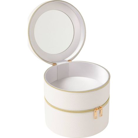 Boîte à cosmétiques ronde avec miroir - blanc et doré (1/5)