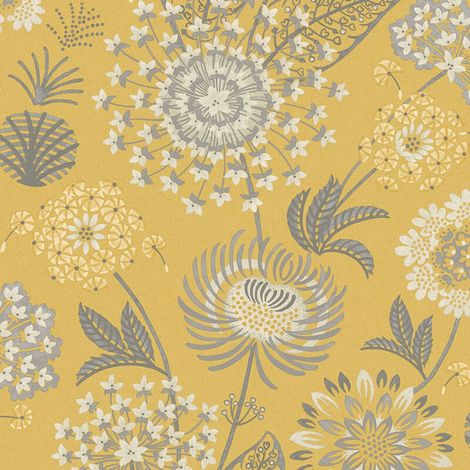 Vintage Bloom Floral Wallpaper Retro Flower Mustard Yellow Grey White Arthouse