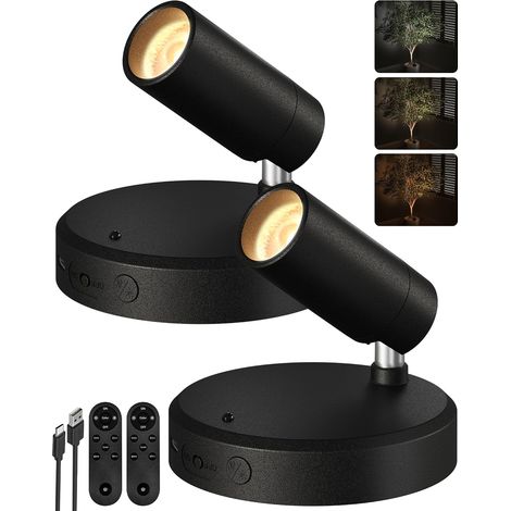 Spot Sans Fil Rechargeable 5500 mAh, 350° Éclairage Omnidirectionnel, 3 Couleurs, Télécommande, Luminaire Mural LED pour Tableaux et Plantes (Lot de 2, Noir)