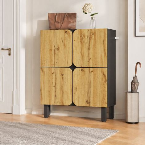 DESMIU Meuble à chaussures avec 4 portes et étagères réglables, fermeture douce, pour entrée, MDF, noir et naturel, 80 × 38.5 × 95 cm (1/5)