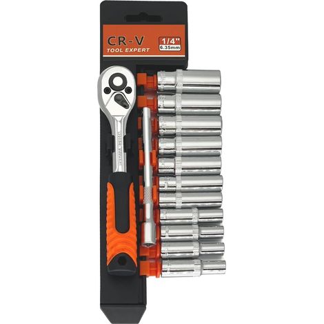 13Pcs Jeu de Clés à Cliquet 1/4, avec Tige d'extension Douille Longue (4-14 mm) (1/5)