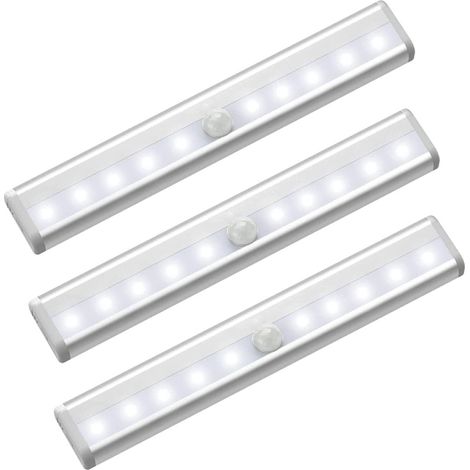 Juego de 3 tiras de luces LED con sensor de movimiento, adhesivo, 10 LED (para instalación bajo armarios)