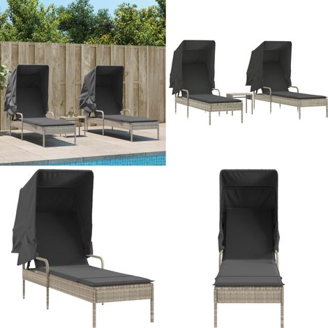 Sonnenliegen 2 Stk. mit Dach und Tisch Hellgrau Poly Rattan - Sonnenliegen - Gartenmöbel - Outdoor Lounge - Poolside Furniture - Relax Liege - Home & Living (1/5)