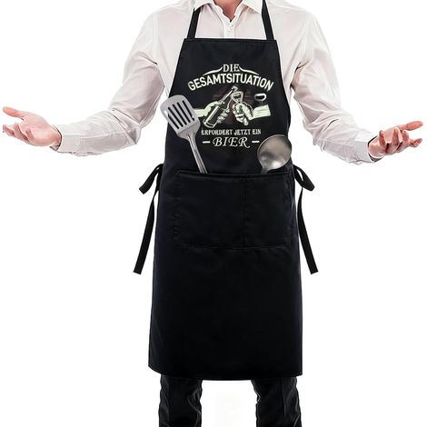 Tablier Barbecue Homme, Tablier de Cuisine Drôle Réglable, Tablier Personnalisé avec 3 Poches, Impression Die Gesamtsituation erfordert jetzt ein Bier, Idée Cadeau Homme pour Cuisine (1/5)