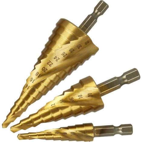 Set di 3 punte per trapano a spirale HSS, punte per trapano coniche, punte per trapano in metallo, set di utensili da taglio per metallo, legno, plastica ecc. 4-12 mm / 4-20 mm / 4-32 mm. DEBUNS (1/5)