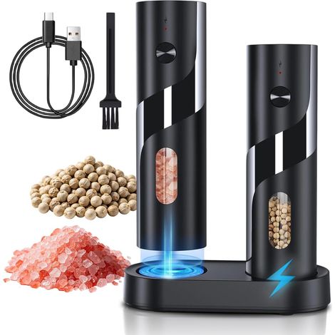 Moulin à Sel et Poivre Électrique avec Station de Charge–Contenant 110 ml,Recharge USB, 5 Niveaux de Mouture Réglables,Mécanisme de Broyage en Céramique,Incl.Brosse de Nettoyage et Éclairage LED. (1/5)