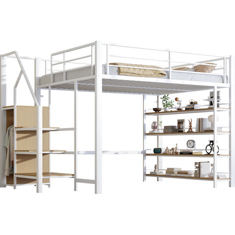 Lit mezzanine 140x200 cm avec escalier sécurisé, rangements intégrés, petite penderie, étagères, barrière haute, lit simple pour adolescent, blanc (1/5)