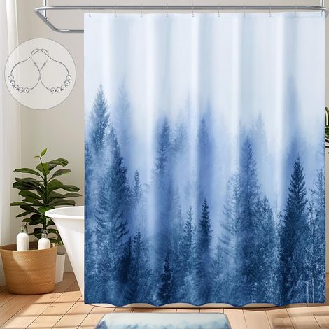 Rideau de Douche Bleu forêt brumeuse, Rideau de Douche Nature Montagne, Rideau de Douche forestier, Rideau de Bain Fantaisie pour Salle de Bain, Tissu Polyester imperméable, 183 x 183 cm (l x (1/5)