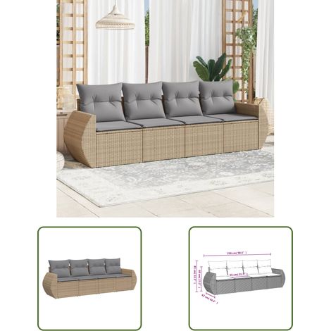 The Living Store Salon de jardin avec coussins 4 pcs beige résine tressée - Canapé De Jardin - Salon De Jardin - Meuble Extérieur - Résine Tressée - Rotin Synthétique