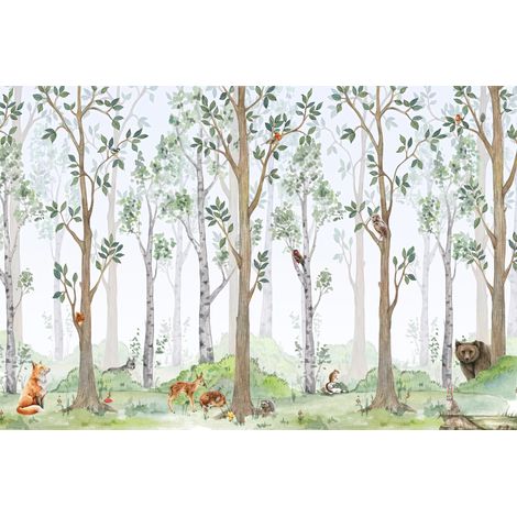 Carta da parati fotografica per bambini con foresta, alberi e piccoli animali del bosco M017 300x200 (1/5)