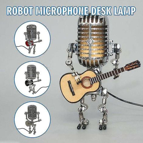 Lampe robot avec microphone USB style rétro tenant une guitare et lumière, décoration vintage pour la maison, jaune (1/3)