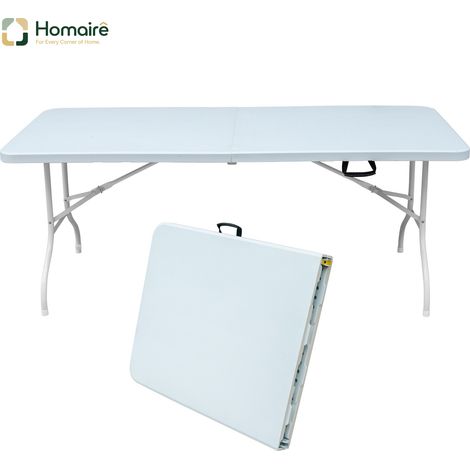 HOMAIRE Table pliante portable robuste 180cm à poignée, multifonctionnelle pour camping, pique-niques, fêtes intérieur/extérieur, capacité 135KG blanc