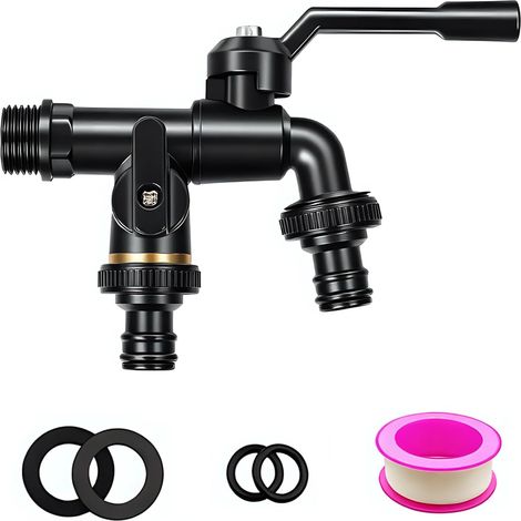 Robinet de jardin 3/4", 2 sorties (2 x 3/4" AG) Robinet extérieur résistant au gel / double robinet d'eau pour arrosage, machine à laver et réservoir d'eau de pluie Noir, construction en laiton de (1/5)