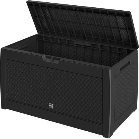 Coffre de rangement anthracite 310 L aspect osier, résistant aux intempéries, avec roulettes (1/5)