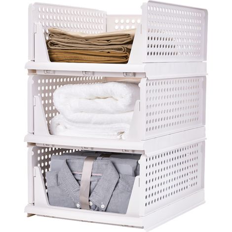 Rangement Vêtement Empilable avec Tiroir Coulissant, Organisateur Armoire Pour Vêtements Couettes Jouets, Blanc, lot de 3, S