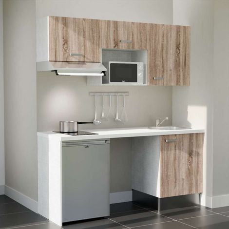 Kitchenette K55L-PT - 180 cm - plan stratifié, évier inox, - Façade Bois - Plan Blanc - Crédences Non + Electroménager inclus coloris Inox