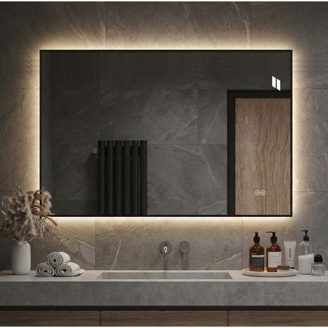 Specchio bagno LED 70 x 50 cm con cornice in alluminio, antiappannamento e luce dimmerabile OKWISH (1/5)