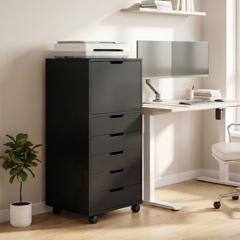 Classeur de bureau à 5 tiroirs à fermeture amortie 48 x 40 x 100 cm Noir, finition soignée (1/5)