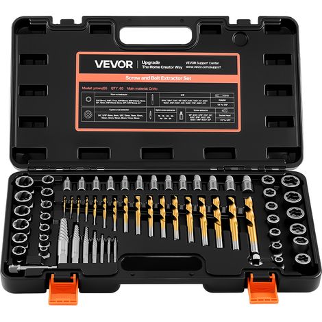 VEVOR Juego de Extractor de Tuercas y Tornillos Dañados 65 Piezas, Extractores de Pernos, con Brocas, Adaptadores y Estuche de Almacenamiento, Herramientas para Sacar Tornillos Rotos Oxidados Pintados (1/5)