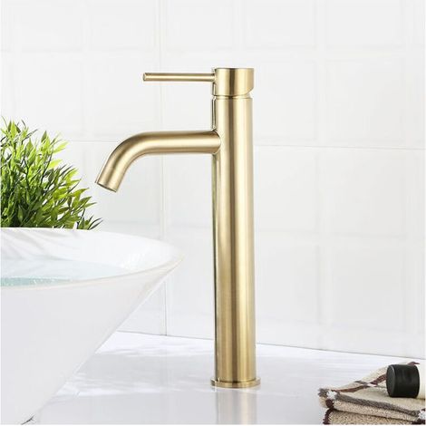 Robinet de Lavabo Monotrou à Levier Unique en Laiton Massif, Finition Or Brossé Brillant, Design Moderne et Créatif (1/3)