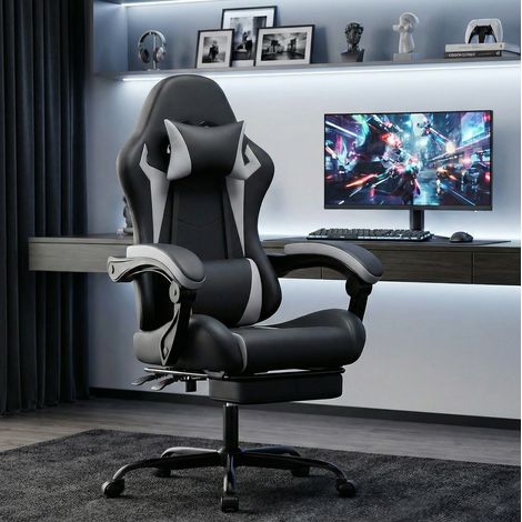 Chaise gaming noir et blanc en PVC avec dossier inclinable, repose-pieds et soutien lombaire (1/4)