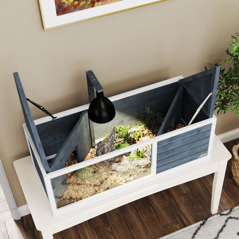 Casa para tortugas de madera gris 120 x 50 x 40 cm con tapa abatible y soporte para lámpara (1/5)
