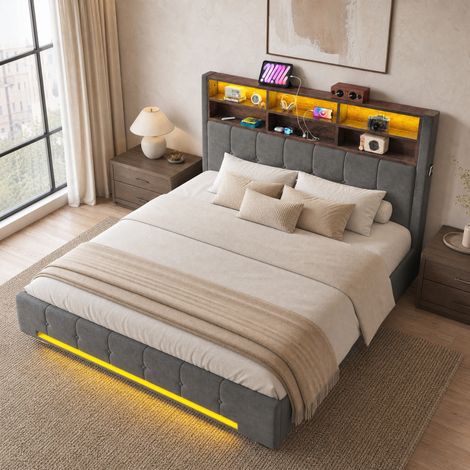 Cama tapizada 180x200 cm, cabecero con 6 compartimentos, USB-C, LED y arcón hidráulico, terciopelo gris oscuro (1/5)