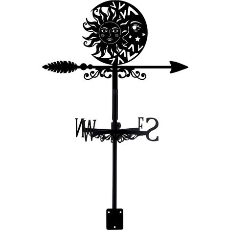 1 Girouette, Motif Lune Étoile Soleil, Fer Noir, Indicateur Vent, Toit Jardin Terrasse