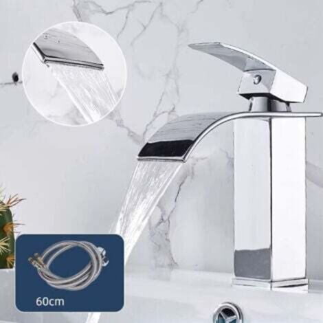 Moderne Robinet Salle de Bain Cascade, Design Elégant Robinet Lavabo, , Eau Chaude et Froide Disponible, Robinetterie Chromé (1/4)
