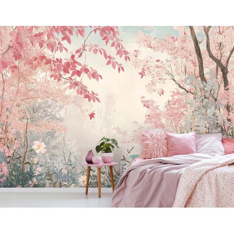 Vlies Fototapete Landschaft Blumen 300x210 cm, Tapeten, für Wohn und Schlafzimmer, Vliestapete Wandtapete Tapete 3D Effekt- inkl. Kleister - Fantasie Wald Rosa, WallArena (1/4)