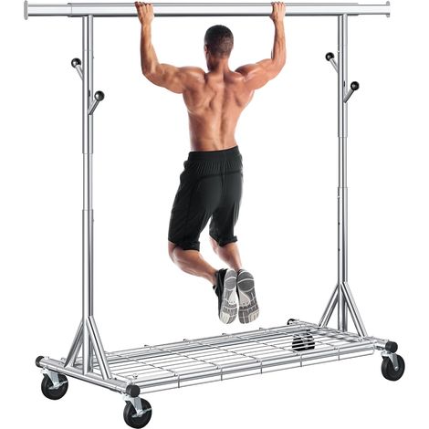 Portant Vetement Solide à Roulettes, Charge Max 285KG, Chromé (1/5)